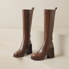 Olivia Mark - Stylish Leather Riding Boots with Round Toe, Chunky Heels, and Over-the-Knee Length in Brown Riding Boots Outfit Winter, Winter Shoes 2024, Wide Calf Brown Boots, Cow Hide Shoes, Riding Boot Outfits, Winter Boots Outfits, Knee Length Boots, Rough Heels, Funky Shoes