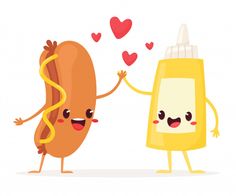 two hot dogs with mustard and ketchup, one holding the other's hand