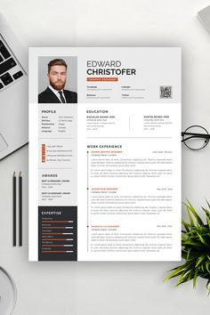 a professional resume template is displayed on a desk with a laptop and cup of coffee