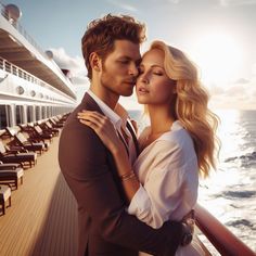 a man and woman are embracing on a cruise ship while the sun shines in the background