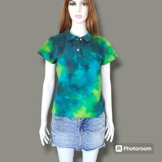 Tie Dye T-shirt. Colorful Ice Dyed Women's Handmade  Clothing Tops and tees. M Size Blu Green Colors. 100% Cotton Welcome to my tie-dye store! I lovingly make each item by hand, they are unique and one of a kind. The dyes I use are premium quality fiber reactive dyes and my products are all pre-washed and pre-shrunk for you. I will ship your order within two business days. Thank you for your interest in my store, please follow me on Instagram to see my latest creations. I truly appreciate your business, feedback and reviews! Washing Instructions You will receive your tie-dye garments pre-washed but for the first few washes I recommend that you wash them separately as it is common for hand dyed garments to bleed. Don't worry though, the colors will not fade. I also recommend that you wash y Casual Hand Dyed Shirt For Summer, Casual Hand Dyed Summer Shirt, Hand Dyed Casual Summer Shirt, Casual Summer Hand Dyed Shirt, Casual Cotton Tie-dye Shirt, Casual Hand Dyed Blue Top, Casual Hand Dyed Short Sleeve Tops, Fitted Acid Wash Cotton T-shirt, Casual Hand Dyed Cotton Shirt