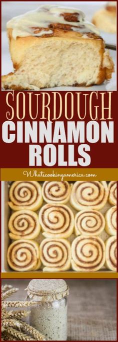 some cinnamon rolls are on a plate and in the background is an image of sourdough cinnamon rolls