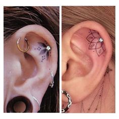 two pictures of the same ear with different piercings on each side and one has a flower