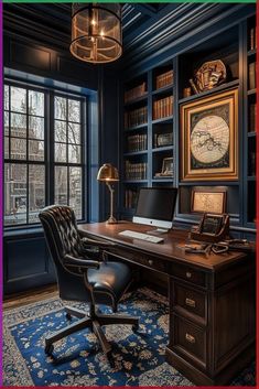 Blue Masculine Office, Blue Office Decor Ideas, Moody Coastal Decor, Blue Office Design, Blue Office Ideas, Nautical Office Decor, Blue Office Decor, Modern Nautical Decor