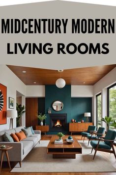 modern living room with teal walls and wood flooring is featured in the article mid century modern living rooms