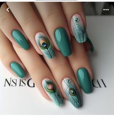 Peacock Feather Nail Design, Feathers Nail Art, Morpankh Nail Art, Peacock Nails Design, Peacock Feather Nail Art, Peacock Nail Designs, Feather Nail Designs, Peacock Nail Art, Bird Nails