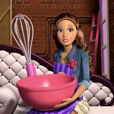 a cartoon girl holding a bowl and whisk