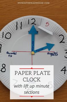 a paper plate clock with the words paper plate clock written on it and arrows pointing in different directions