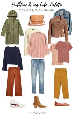 Earth Tones: A Spring Capsule Wardrobe 3 Ways - The Mom Edit Color Palette Capsule Wardrobe, Sneakers Outfit Spring, Warm Spring Outfits, True Spring Colors, Mom Edit, Light Denim Jacket, Muted Palette, Spring Color Palette, Spring Capsule