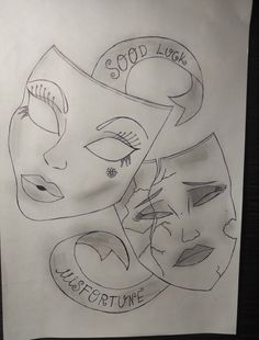 a drawing of two masks with words written on them