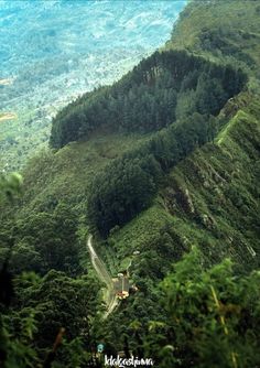 an aerial view of a road in the middle of a mountain range with trees on both sides