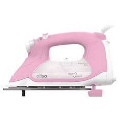 an electric iron with pink and white colors