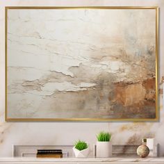 an abstract painting hangs on the wall above a fireplace