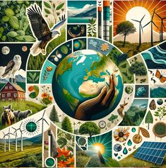 the earth surrounded by many different pictures and symbols, including trees, animals, birds, and other things