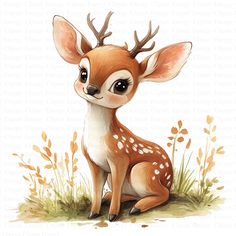 a little deer sitting in the grass with antlers on it's head and eyes