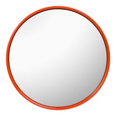 a round mirror with an orange frame on a white background is shown in this image