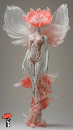 a mannequin dressed in pink and white with wings on her head, holding a large flower