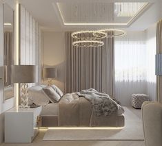 a bedroom with a chandelier hanging from the ceiling and a bed in it