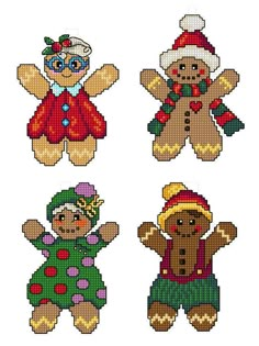 four different types of teddy bears with hats and scarves on their heads, all in cross stitch