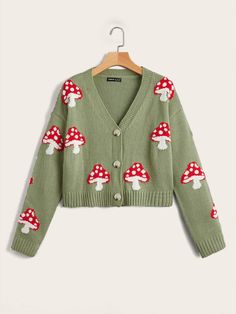 Multicolor Casual  Long Sleeve Acrylic Plants Cardigan Embellished Non-Stretch Spring/Fall Women Knitwear Mushroom Outfit, Shoulder Cardigan, Soft Knit Cardigan, Mushroom Pattern, Drop Shoulder Cardigan, Cottagecore Outfits, Girls Cardigan, Patterned Cardigans, Really Cute Outfits