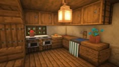 the kitchen is made out of wood and has an island