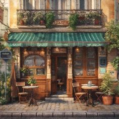 a painting of a restaurant with green awnings and potted plants on the outside