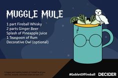 the muggle mule is full of beer and has two glasses on it, with an owl