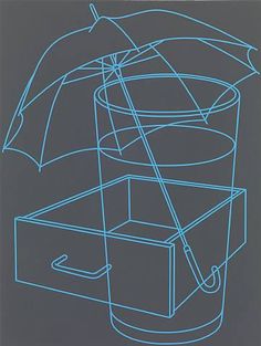 a drawing of an umbrella and boxes on a gray background with blue lines in the middle