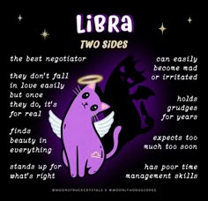 a purple cat with an angel on its head and the caption libra two sides