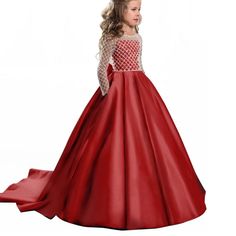 Made Of High Quality Satin, Not Harm To The Child Skin, Very Soft, Comfortable And Skin Friendly. Exquisite Design: Beautiful Mesh Design, Pearl Glitter Embellished On The Front, Buttons And Bows On The Back. Floor Length, Long Sleeves, Pretty Princess Ball Gown. Real Picture, Excellent Dress. Multi-Purpose: Perfect For Girls Wedding, Flower Girl Dress, First Communion Dress, Pageant Dress, Birthday Party Dress, Easter Dress, Halloween Dress Up, Christmas Dress, New Year Dress, Photography Prop, Flower Girl Dresses Floor Length, Red Flower Girl Dresses, Jeweled Wedding Dress, Kids Pageant, Long Flower Girl Dresses, Satin Flower Girl Dress, Wedding Dresses For Kids, Tulle Balls, Princess Flower Girl Dresses