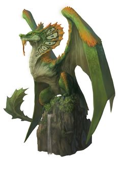 a green and orange dragon statue sitting on top of a tree stump next to a waterfall