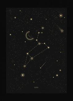 the zodiac sign leo with stars and moon in the night sky, as seen from below