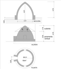 an architectural drawing showing the design and measurements for a circular building with arches on each side