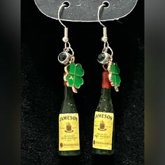 New Custom Dangle Drop Jameson Whiskey Mini Bottle Earrings. Perfect For Your Favorite Bartender Or St Patrick Day Night Out. Brass Dangling Charms Drop Earrings, Green Drop Earrings With Dangling Charms, St Patrick’s Day Earrings Diy, Green Novelty Dangle Earrings, St Patrick’s Earrings, Jameson Whiskey, Bottle Earrings, Mini Bottle, Day Night