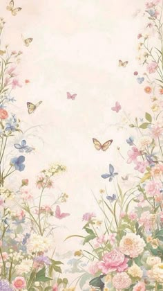 an image of flowers and butterflies in the sky