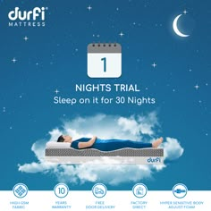 an advertisement for the durfi mattress that has been made to sleep on it