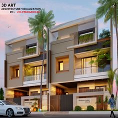 an artist's rendering of a three - story apartment building with palm trees in the foreground