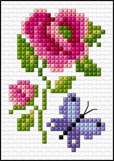 a cross stitch pattern with pink flowers and a blue butterfly on the left hand side