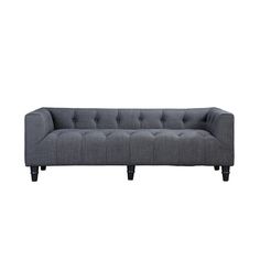 a gray couch with black legs and buttons on it's back end, against a white background