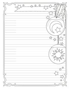 a blank lined paper with stars and crescents on the border, in black and white