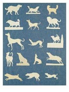 the silhouettes of dogs are shown in white on blue paper, which has been drawn by