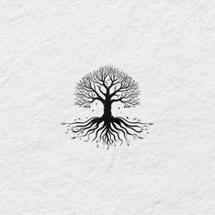 a black and white drawing of a tree with roots