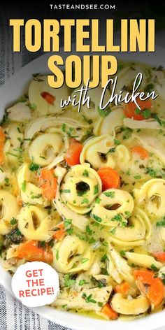 tortellini soup with chicken and carrots in a white bowl on a table