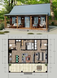 the floor plan for a small cabin with lofts and living room, is shown