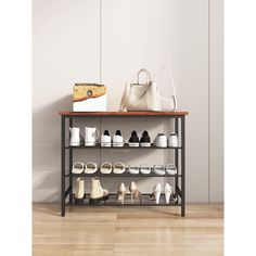 a shelf with shoes and purses on it