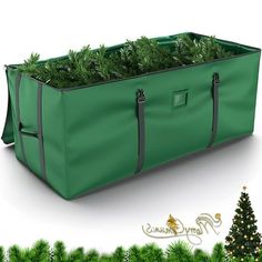 a large green bag filled with christmas trees