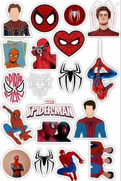 spiderman stickers are shown in various shapes and sizes, including the logo for each character