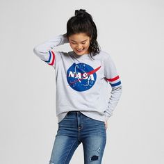 Women's Nasa Sweatshirt Gray - Mighty Fine® : Target Nasa Sweatshirt, Nasa Clothes, Space Logo, Nasa Shirt, Nasa Astronauts, Plus Size Hoodies, Grey Shirt, Pullover Sweatshirts, Grey Sweatshirt