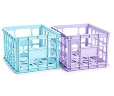 two plastic crates sitting side by side on a white surface, one is blue and the other is purple