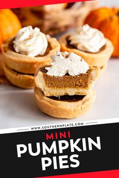 mini pumpkin pies with whipped cream on top and the title overlay reads, mini pumpkin pies